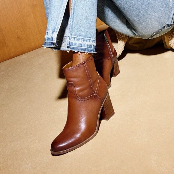 Naturalizer Kalina Bootie Tan Brown Wood Block Stacked Heel Zip Boho Western 6 - Picture 1 of 16